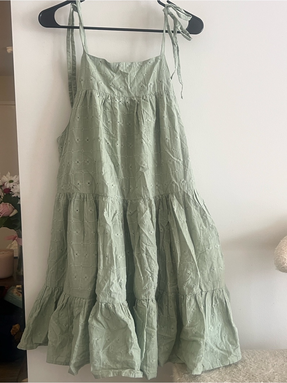 ASOS Sage Green Tie-Shoulder Eyelet Mini Dress